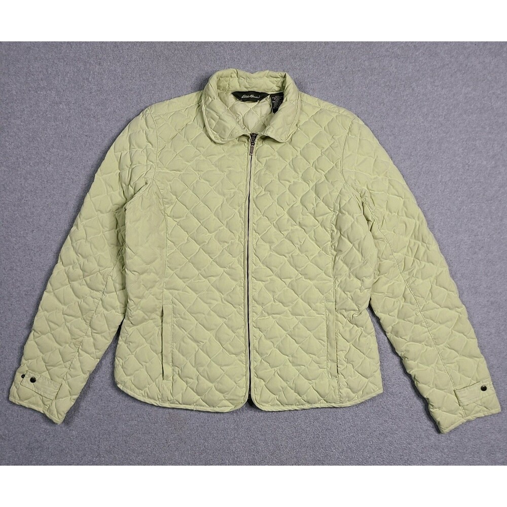 Eddie Bauer Womens L Quilted Premium Goose Down Coat Collared Yellow Green